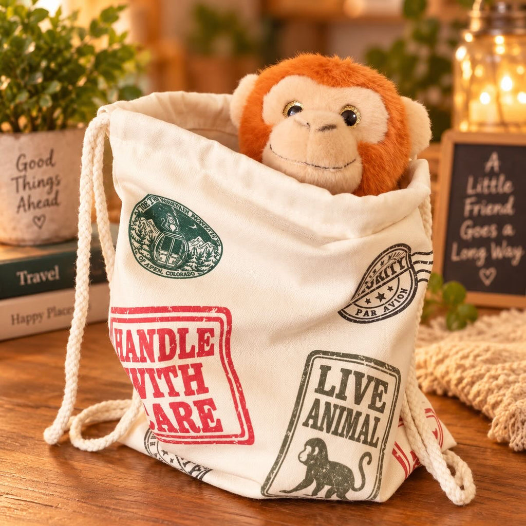 Furry Mountain Monkey plush with drawstring backpack