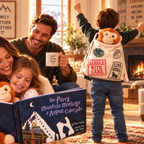 Family enjoying The Furry Mountain Monkeys book with plush monkeys and a collector's backpack