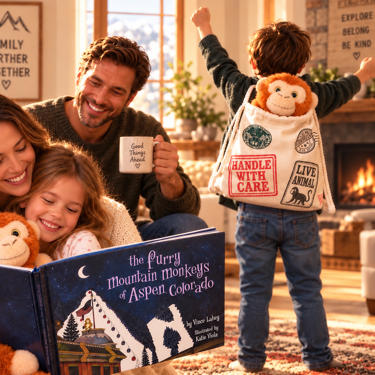 Family enjoying The Furry Mountain Monkeys book with plush monkeys and a collector's backpack